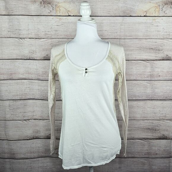 Free People We the Free Long Sleeve Burnout Baseball Tee Lace Top Small - Picture 7 of 9